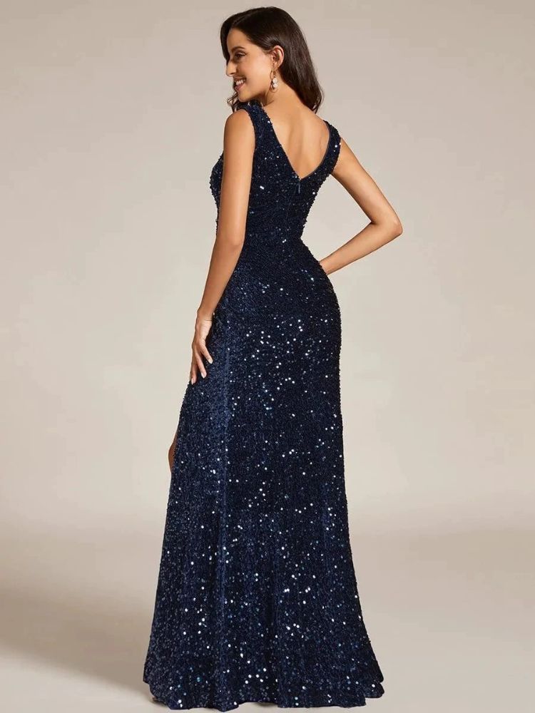 Robe longue de soiree sequins bleu marine