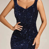 Robe longue de soiree bleu marine séquins