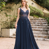 Robe de soirée longue, couleur bleu marine