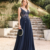 Robe de soirée longue, couleur bleu marine