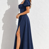 Robe longue bleu marine fendue