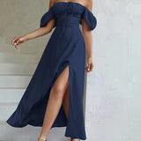 Robe longue couleur bleu marine fendue