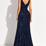 Robe longue de soirée bleu marine