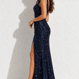 Robe longue de soirée bleu marine