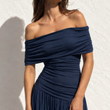 Robe longue plissée bleu marine