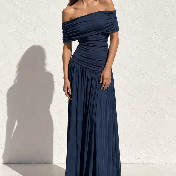 Robe longue plissée bleu marine