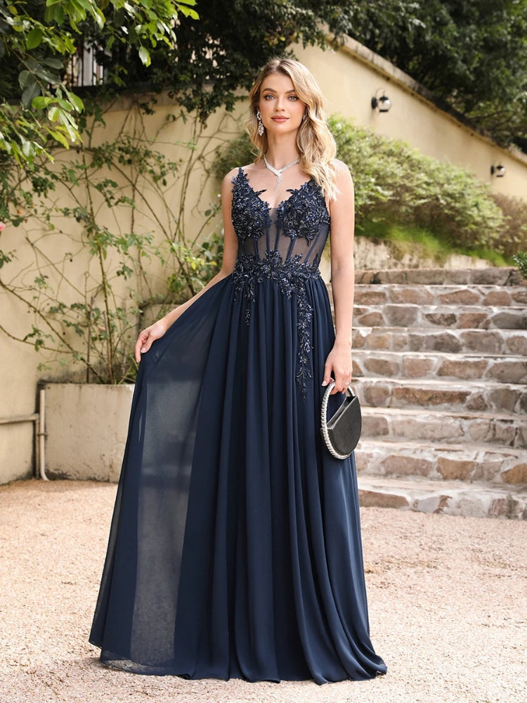 Robe de soirée longue, couleur bleu marine