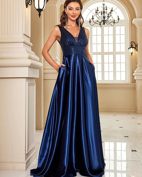 Robe satin bleu marine